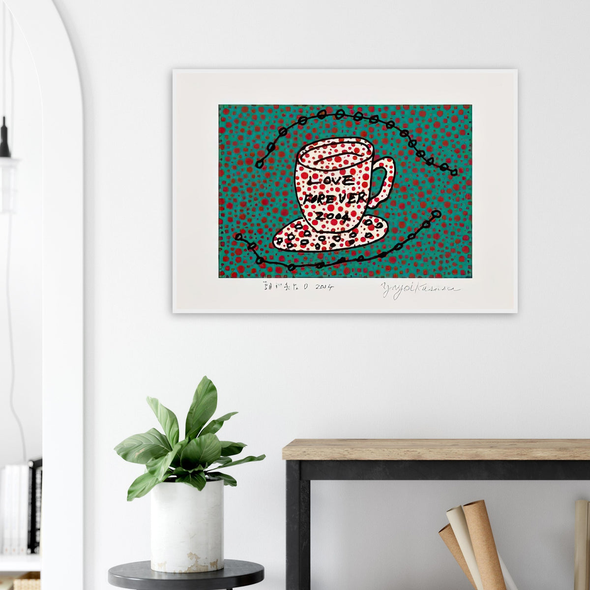 Yayoi Kusama framed print — Morning Is Here (D) joins a series of compact 2004 prints in which the beginning of the day becomes a subject for personal symbols and tightly controlled graphic
