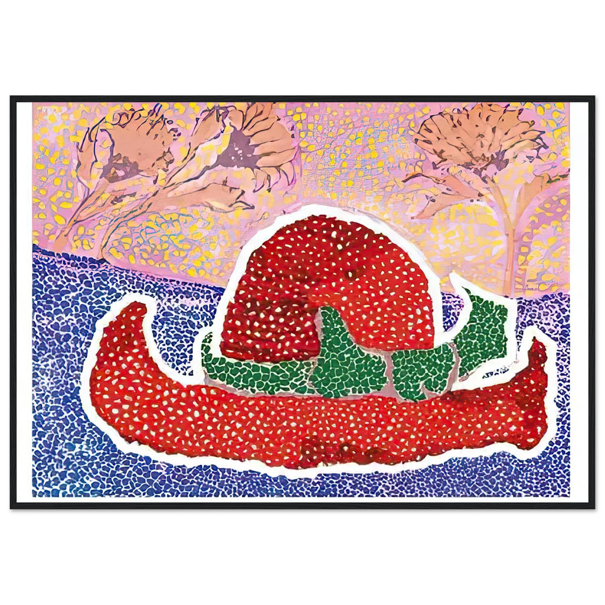 Yayoi Kusama framed print — Hat Left Behind in the Field turns an unattended accessory into a scene with an implied human presence, black frame, 70x100 cm / 28x40″