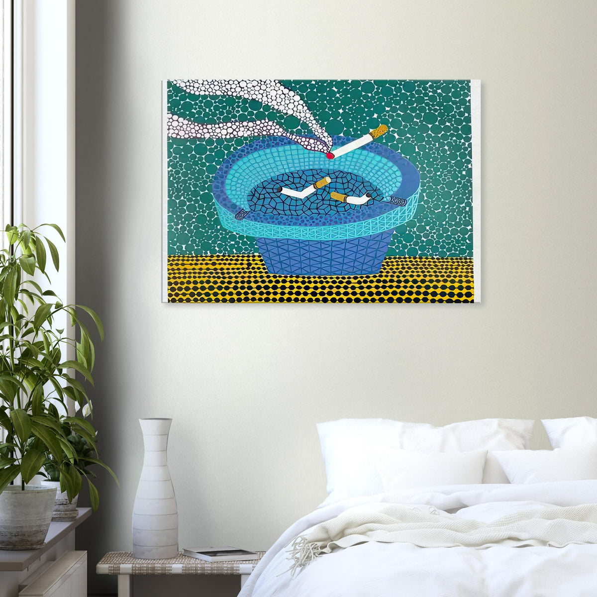 Yayoi Kusama canvas print — Ashtray (2) returns to the everyday smoking accessory but distinguishes this image as a second listed treatment of the motif