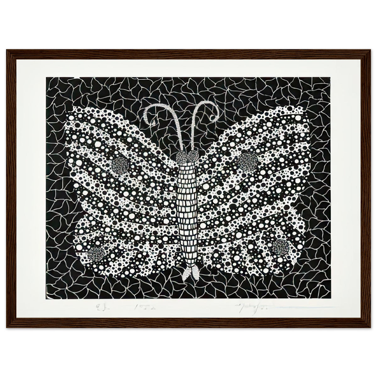 Yayoi Kusama framed print — Butterfly [Kusama 18] by Yayoi Kusama takes the lightness of a butterfly and gives it graphic intensity through pattern, dark wood frame, 30x40 cm / 12x16″