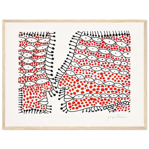 Yayoi Kusama framed print — Beginning of Love suggests an intimate emotional moment expressed through Kusama’s recurring language of patterns and simple forms, wood frame, 45x60 cm / 18x24″