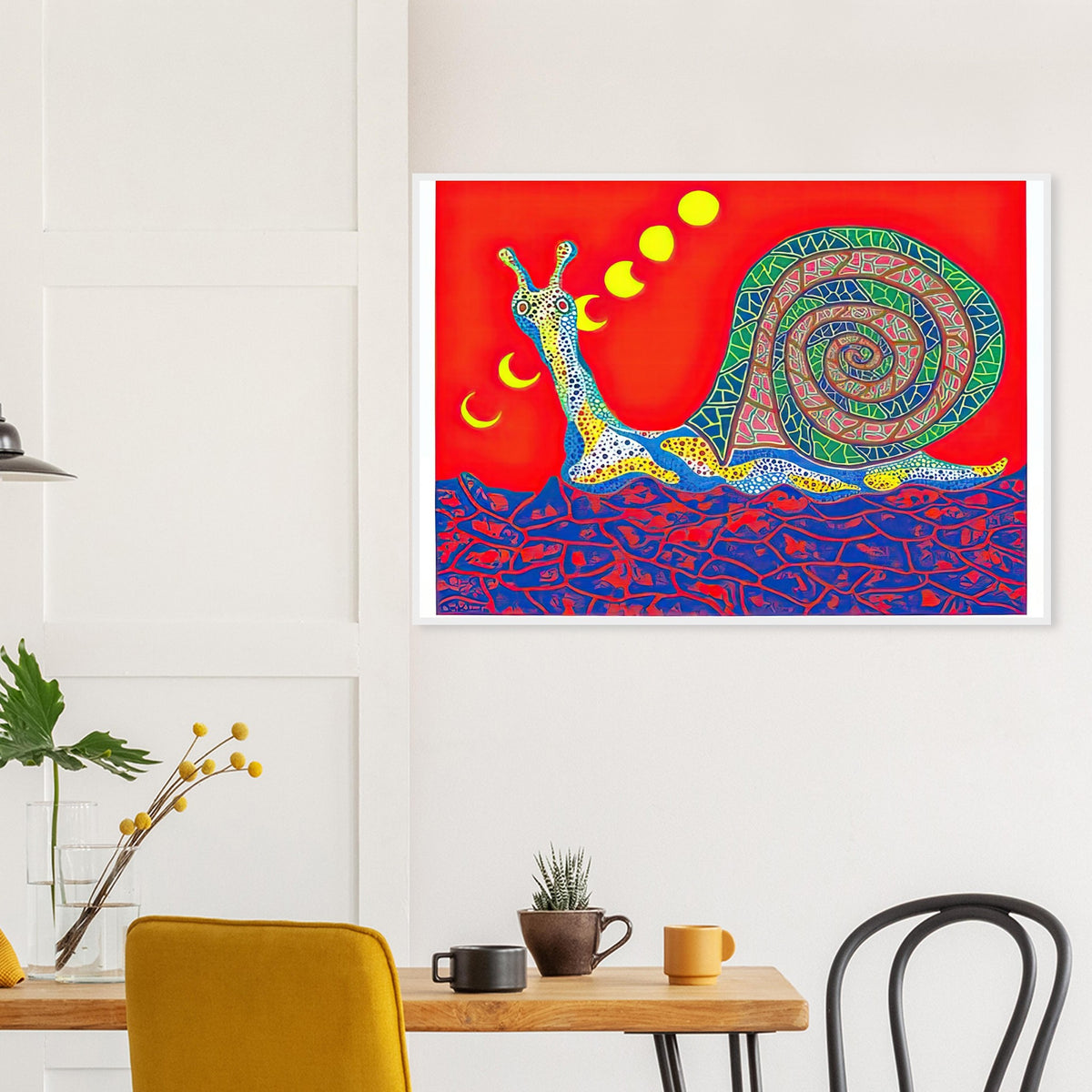 Yayoi Kusama framed print — Snail takes a slow-moving creature and makes its spiral shell and delicate movement the center of attention