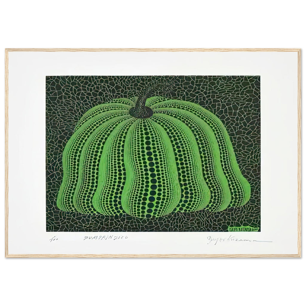 Yayoi Kusama framed print — Pumpkin 2000 (Green) uses a green treatment to reinterpret one of Kusama’s most affectionate subjects