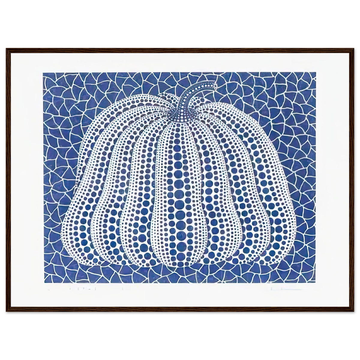 Yayoi Kusama framed print — Pumpkin (Blue, Version 2) presents Kusama’s familiar pumpkin through an explicitly blue variation, dark wood frame, 60x80 cm / 24x32″