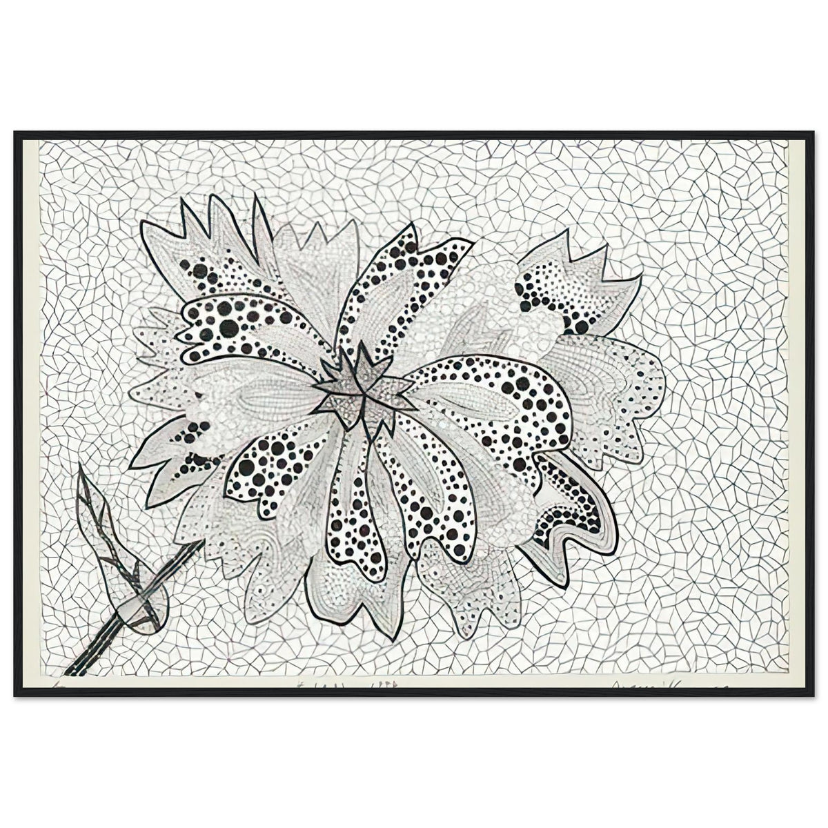 Yayoi Kusama framed print — Flower (A–B) places two designated botanical variations together in a single listing, black frame, 70x100 cm / 28x40″
