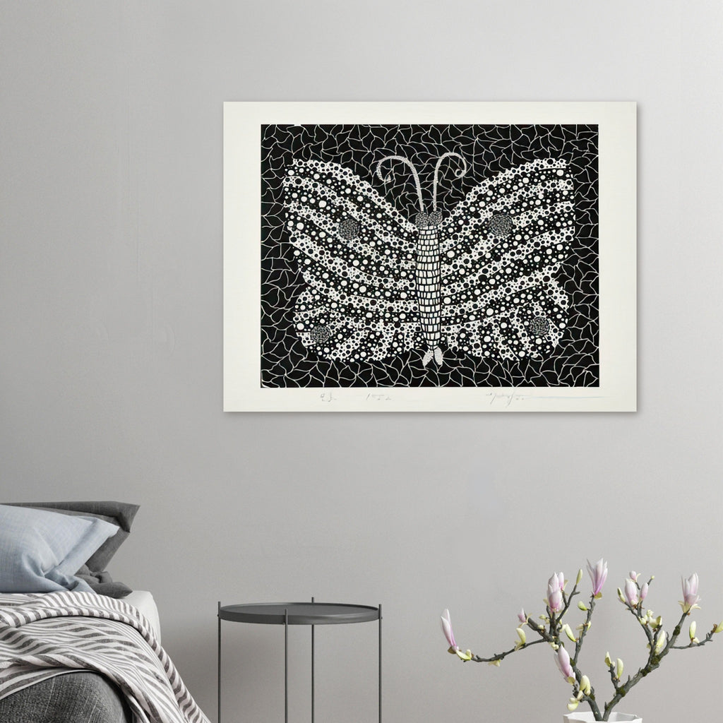 Yayoi Kusama poster — Butterfly [Kusama 18] by Yayoi Kusama takes the lightness of a butterfly and gives it graphic intensity through pattern