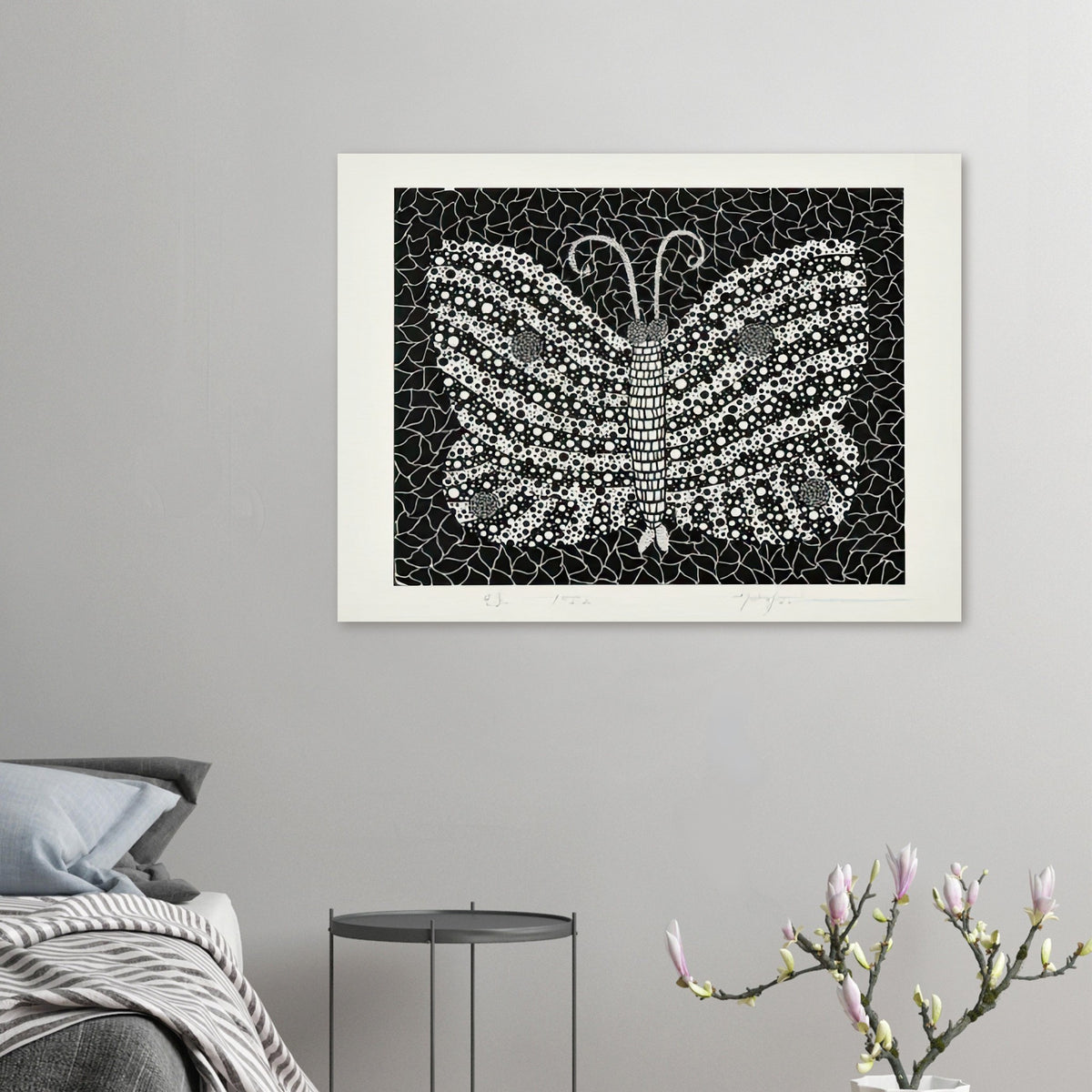 Yayoi Kusama poster — Butterfly [Kusama 18] by Yayoi Kusama takes the lightness of a butterfly and gives it graphic intensity through pattern