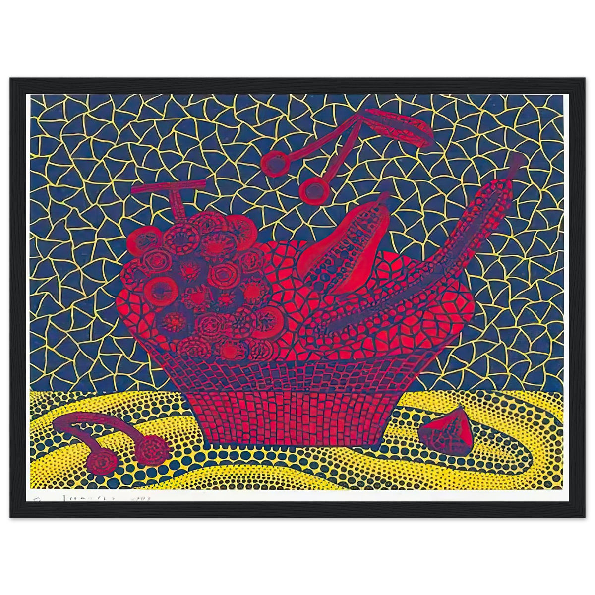 Yayoi Kusama framed print — Fruit Basket (5) by Yayoi Kusama explores one of the artist’s recurring subjects: the abundance of ordinary fruit, black frame, 30x40 cm / 12x16″