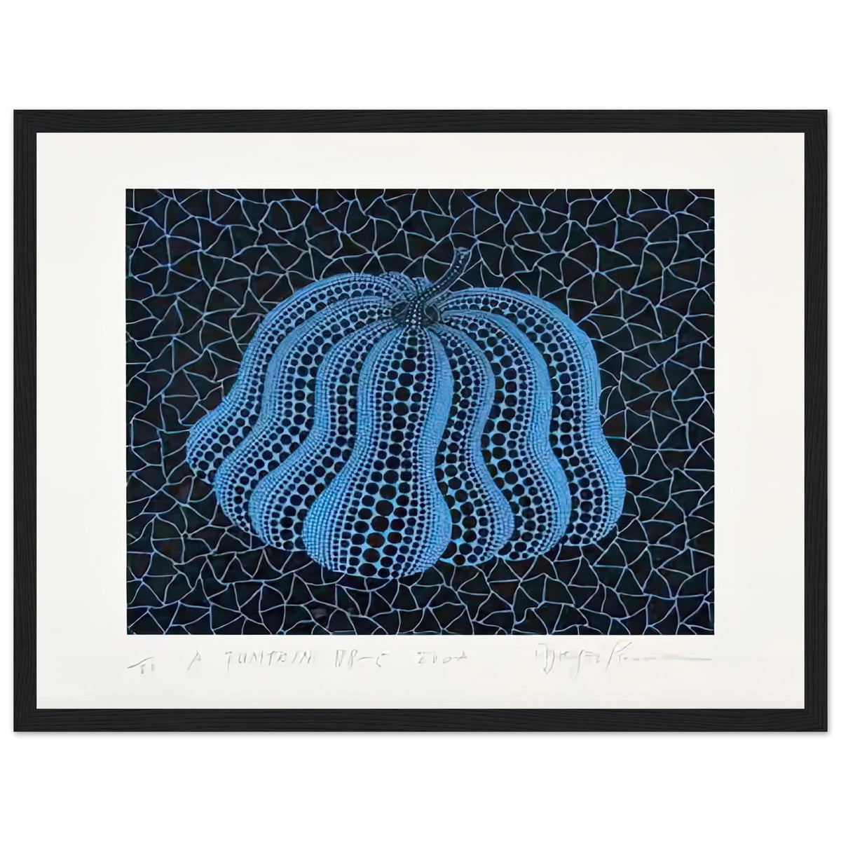 Yayoi Kusama framed print — Pumpkin (BB-C) [Kusama 330] revisits Kusama’s best-known vegetable through the relationship between its distinctive form and repeating ornament, black frame, 30x40 cm / 12x16″