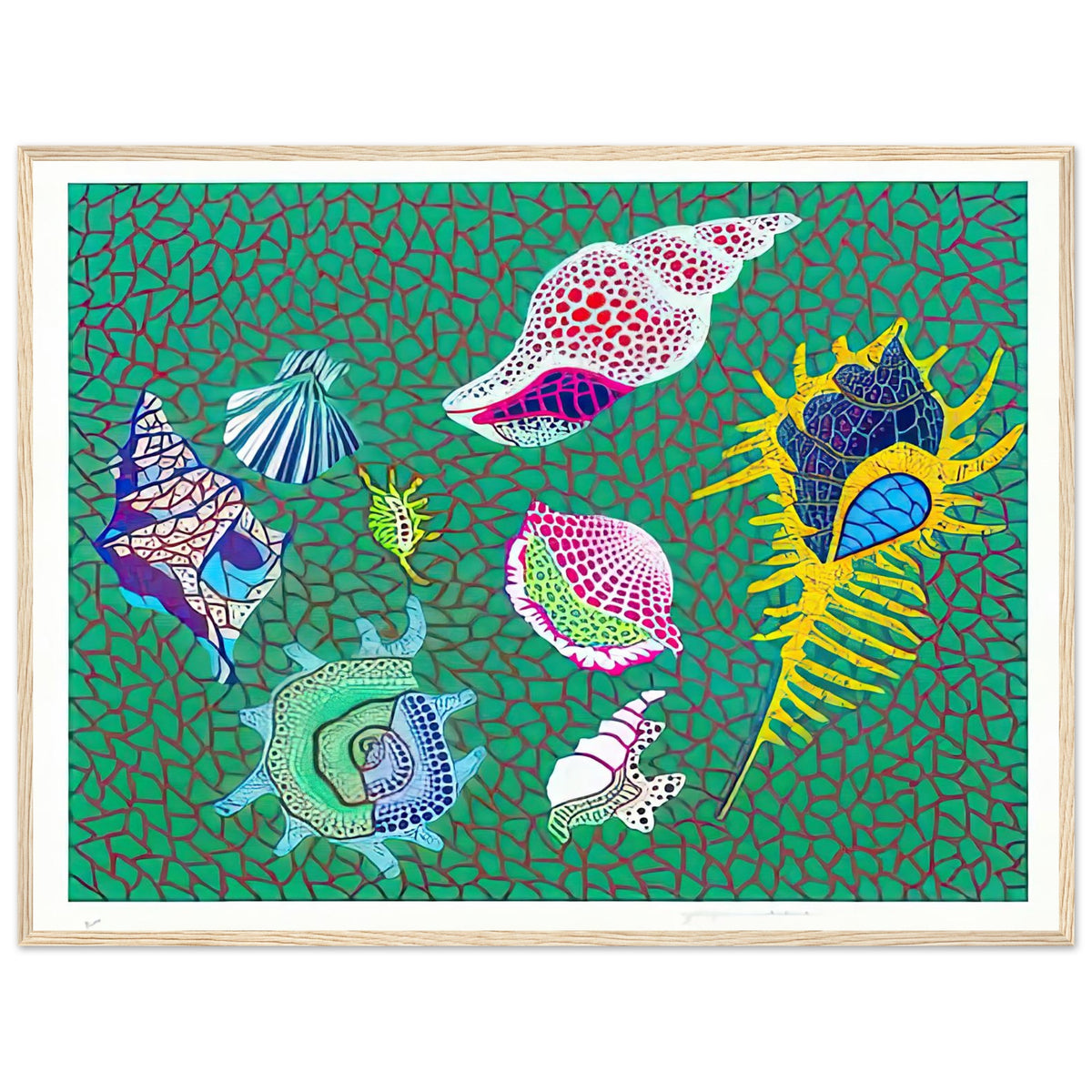 Yayoi Kusama framed print — Shells draws attention to small natural objects whose curved structures and repeating ridges are already pattern-like, wood frame, 60x80 cm / 24x32″