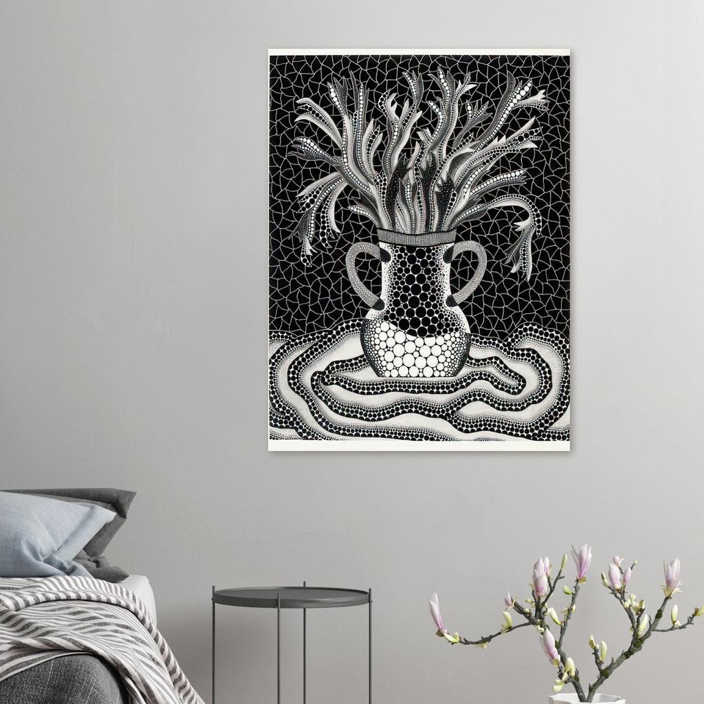 Yayoi Kusama poster — A vase holds an exuberant arrangement of branching, elongated floral forms, while repeated dots animate both the vessel and its surroundings