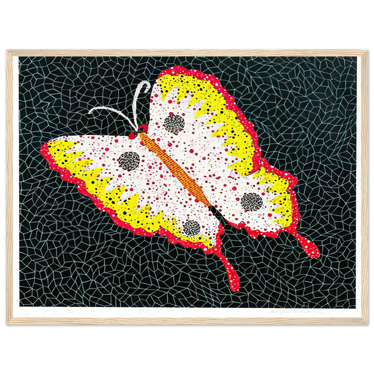 Yayoi Kusama framed print — Butterfly [Kusama 81] by Yayoi Kusama takes the lightness of a butterfly and gives it graphic intensity through pattern, wood frame, 45x60 cm / 18x24″