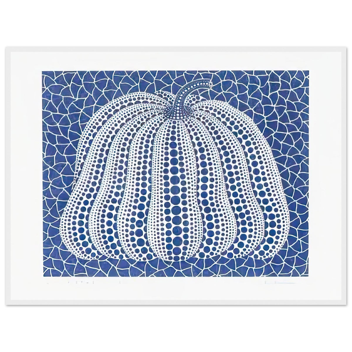 Yayoi Kusama framed print — Pumpkin (Blue, Version 2) presents Kusama’s familiar pumpkin through an explicitly blue variation, white frame, 60x80 cm / 24x32″