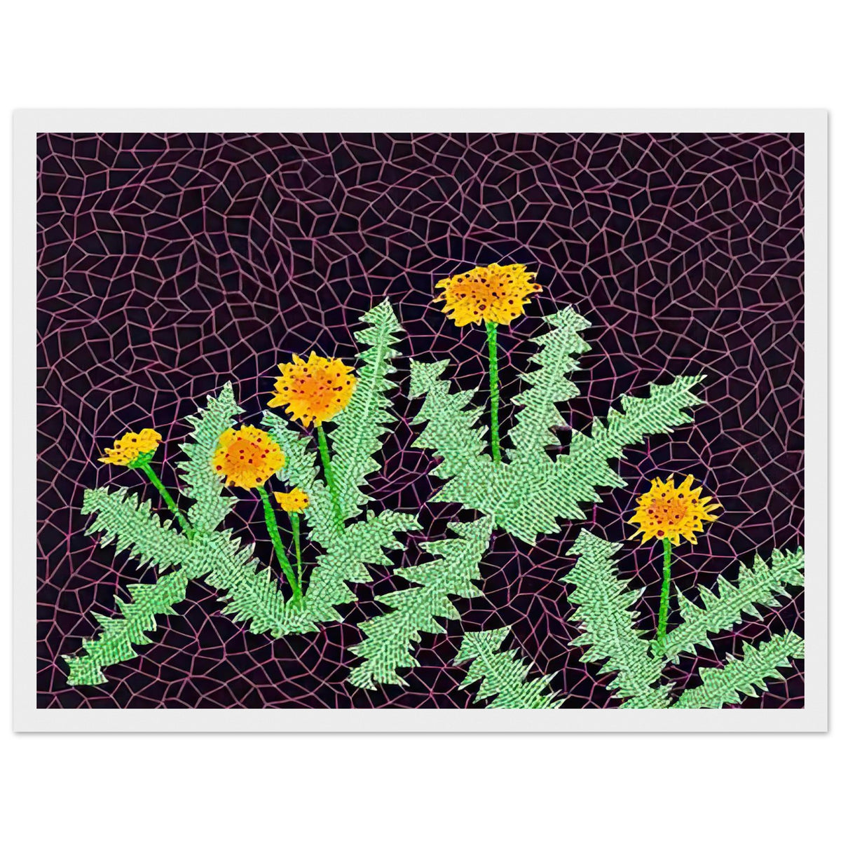 Yayoi Kusama framed print — Dandelions [Kusama 85] approaches a common meadow flower as a subject worth close observation, white frame, 30x40 cm / 12x16″