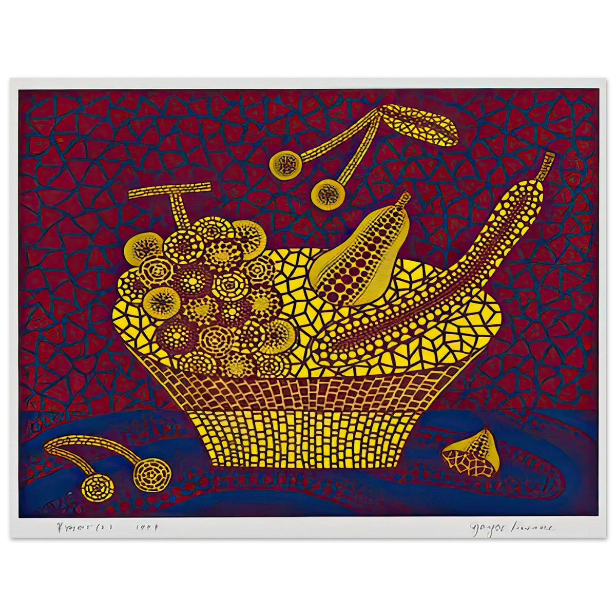 Yayoi Kusama poster — Fruit Basket (2) by Yayoi Kusama explores one of the artist’s recurring subjects: the abundance of ordinary fruit, 27x35 cm / 11x14″