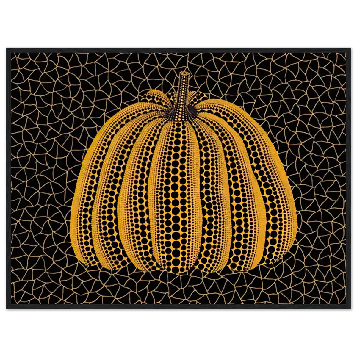 Yayoi Kusama framed print — Pumpkin (YY) [Kusama 231] revisits Kusama’s best-known vegetable through the relationship between its distinctive form and repeating ornament, black frame, 60x80 cm / 24x32″