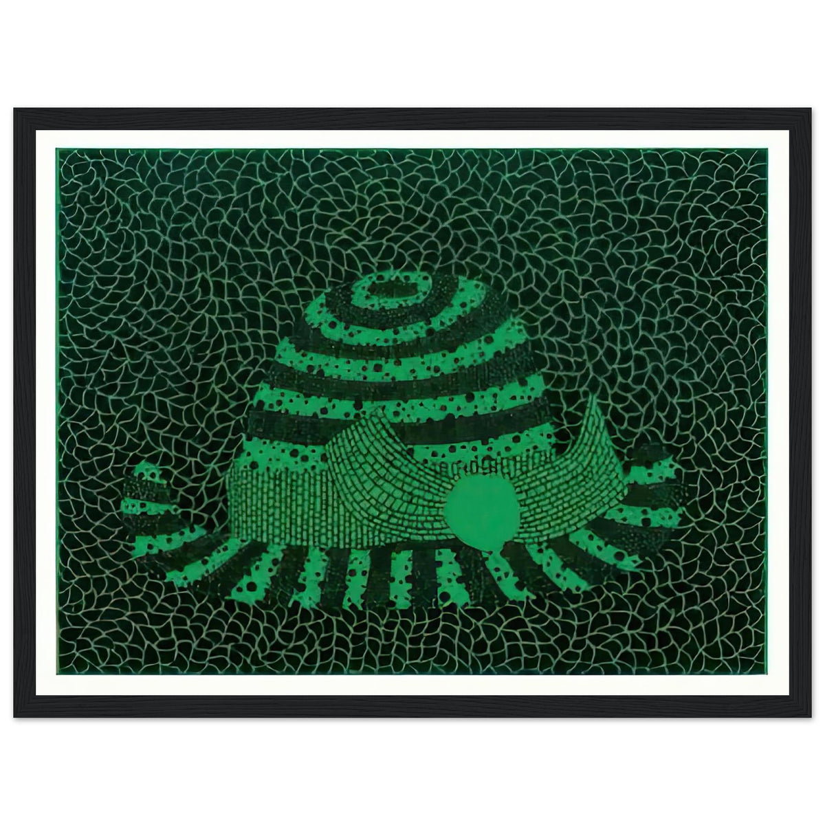 Yayoi Kusama framed print — Hat (Green) presents a familiar accessory as an exercise in changing color and graphic character, black frame, 30x40 cm / 12x16″