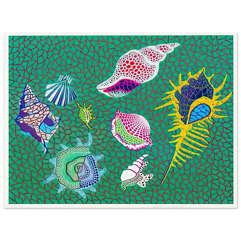 Yayoi Kusama poster — Shells draws attention to small natural objects whose curved structures and repeating ridges are already pattern-like, 15x20 cm / 6x8″
