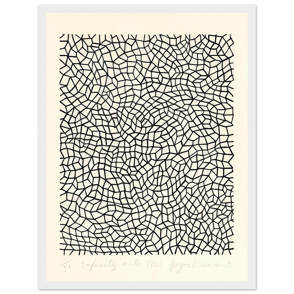 Yayoi Kusama framed print — This Infinity Nets image recalls the early period in which Kusama covered expanses of canvas with countless small, repeated loops, white frame, 30x40 cm / 12x16″