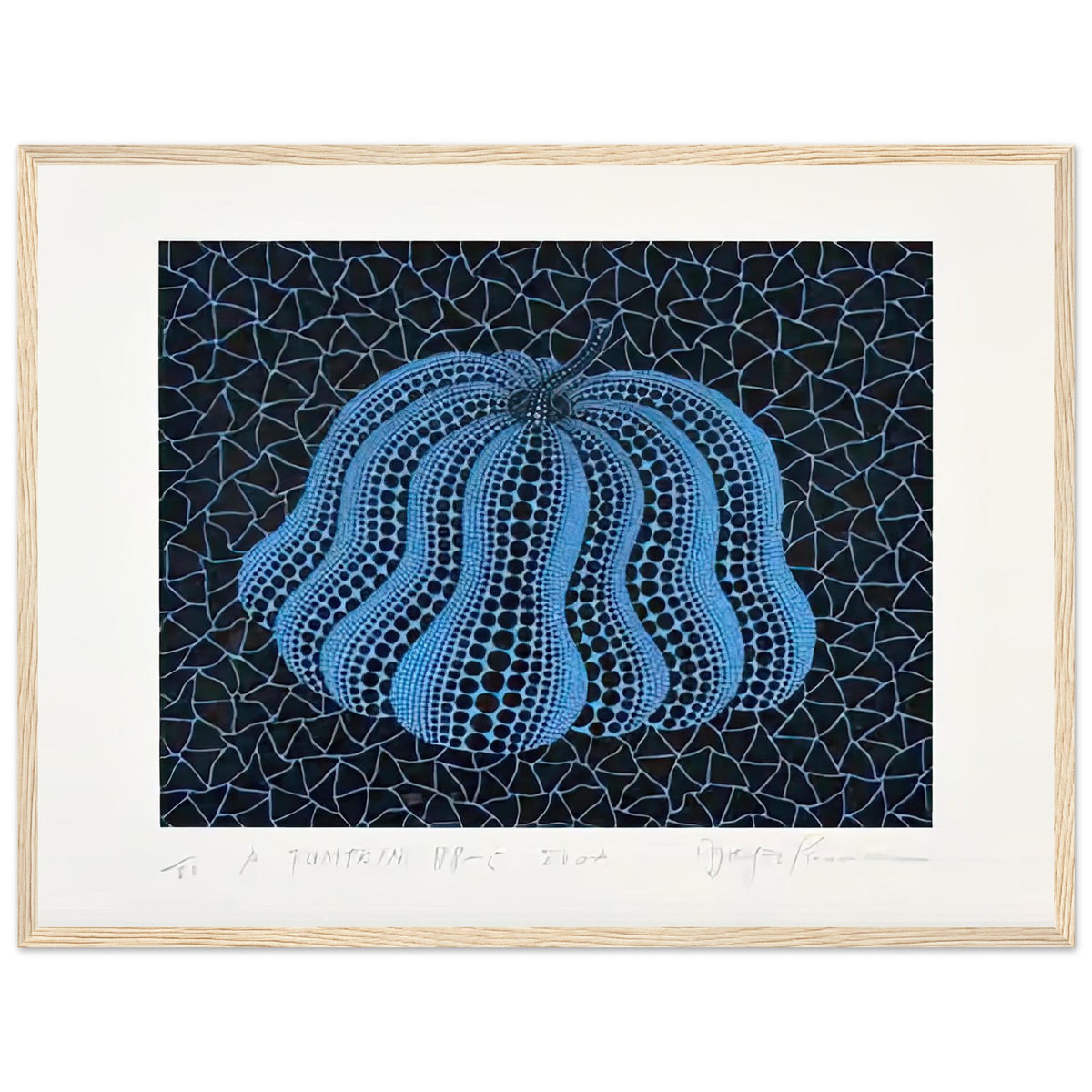 Yayoi Kusama framed print — Pumpkin (BB-C) [Kusama 330] revisits Kusama’s best-known vegetable through the relationship between its distinctive form and repeating ornament, wood frame, 45x60 cm / 18x24″