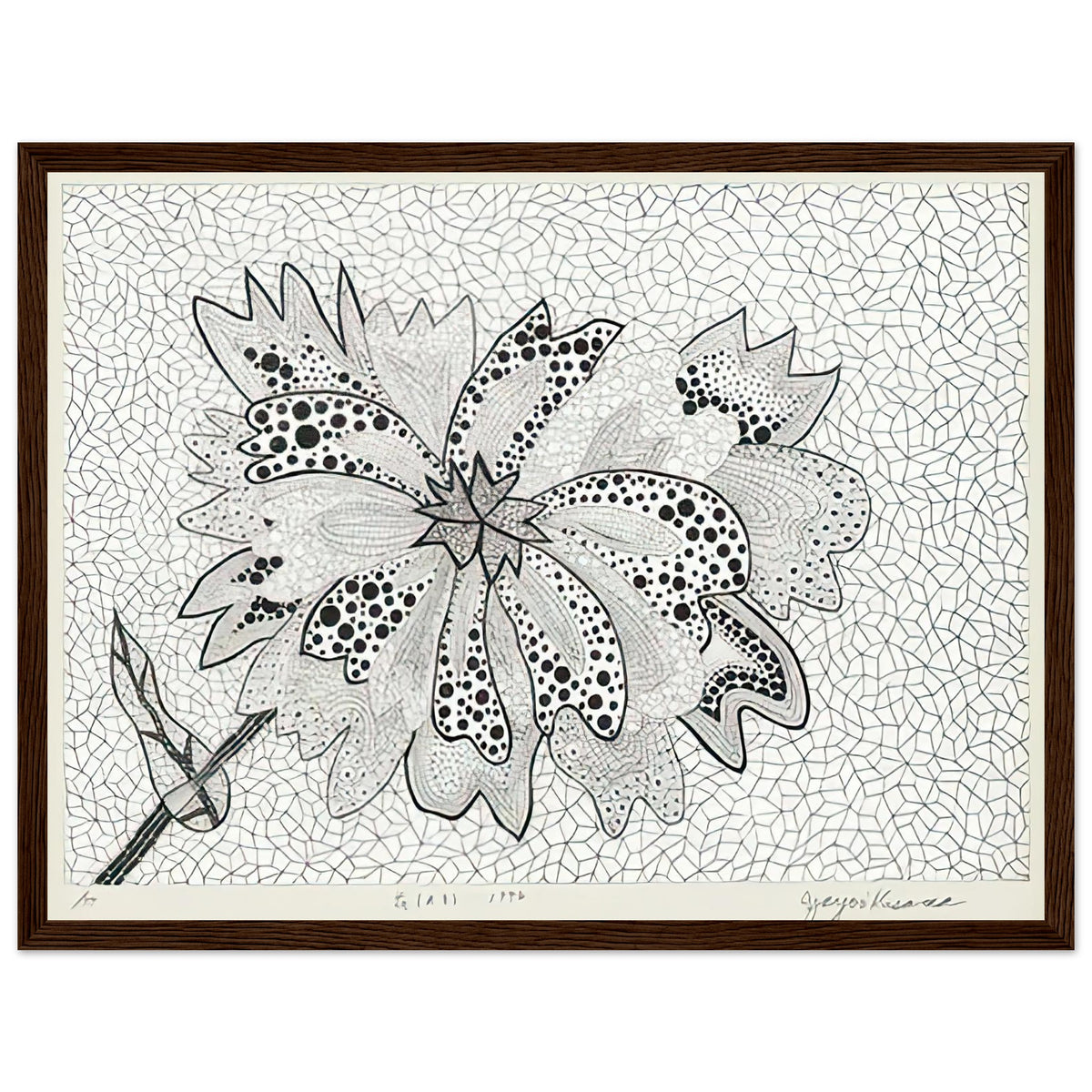 Yayoi Kusama framed print — Flower (A–B) places two designated botanical variations together in a single listing, dark wood frame, 30x40 cm / 12x16″