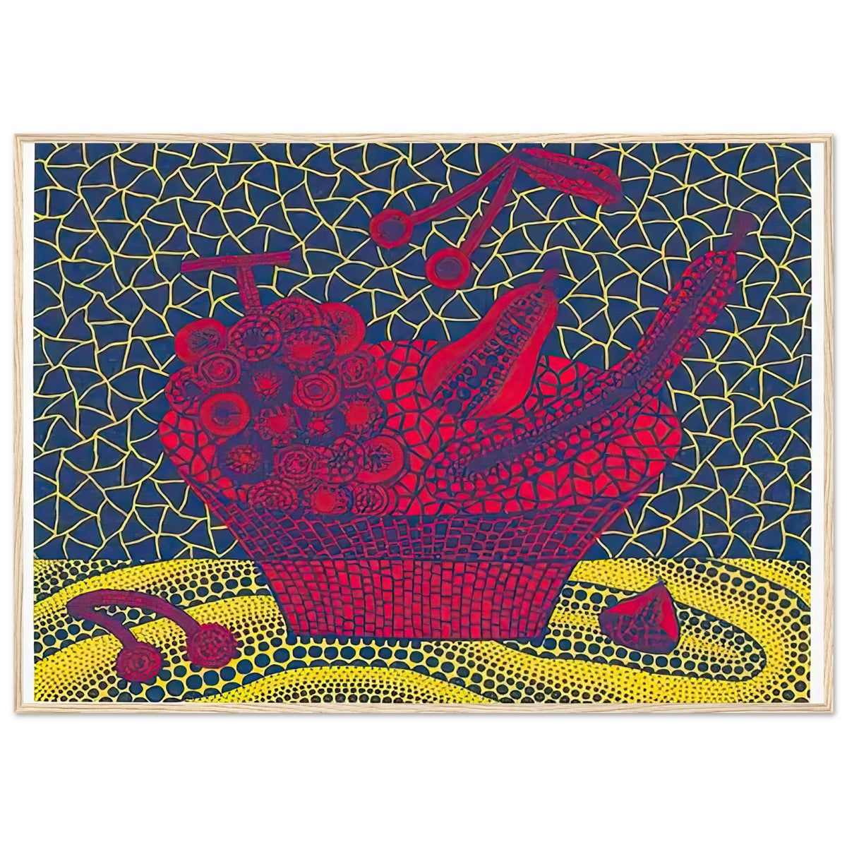 Yayoi Kusama framed print — Fruit Basket (5) by Yayoi Kusama explores one of the artist’s recurring subjects: the abundance of ordinary fruit, wood frame, 70x100 cm / 28x40″