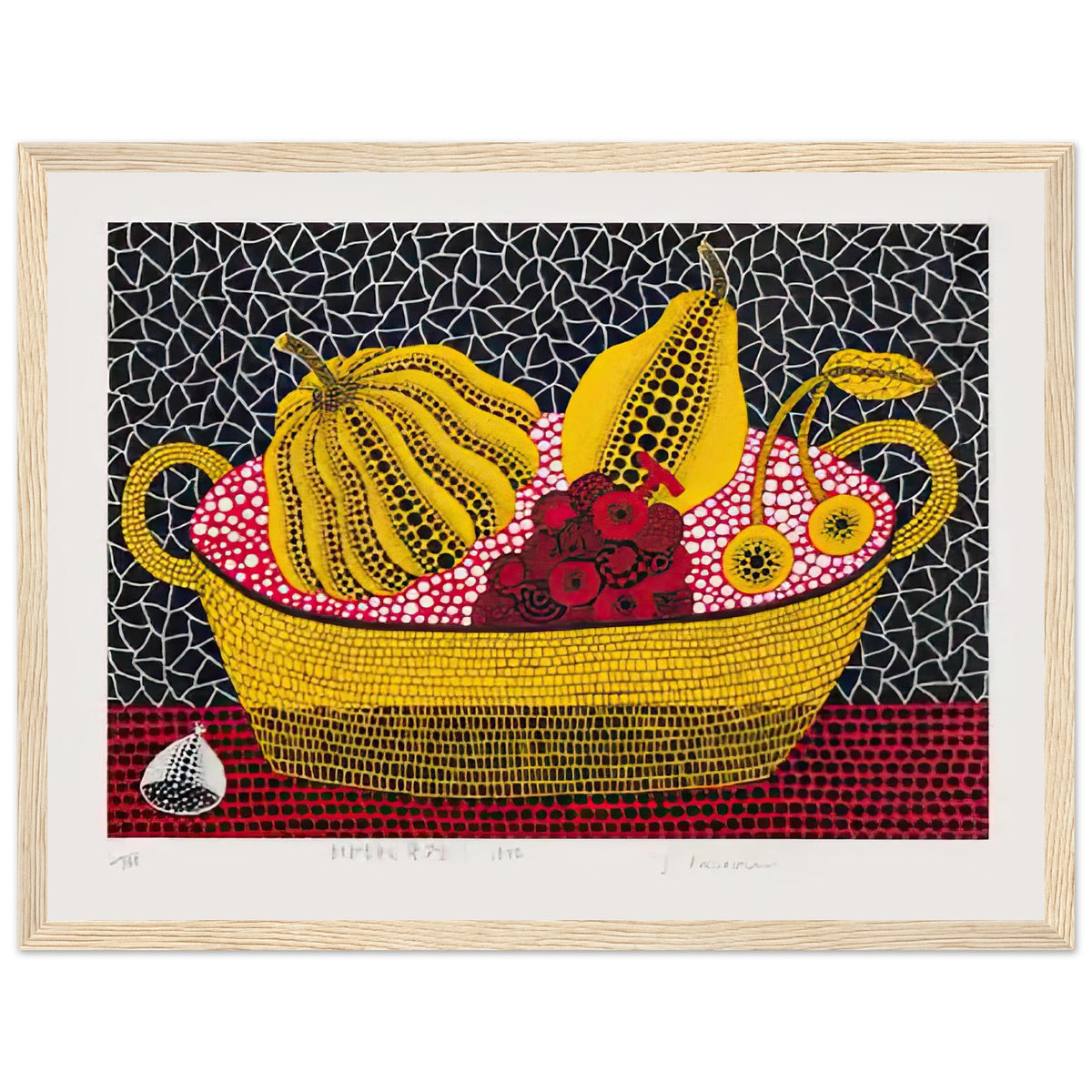 Yayoi Kusama framed print — Pumpkin and Fruits brings a dotted pumpkin into a richly populated still life rather than isolating the gourd on its own, wood frame, 30x40 cm / 12x16″
