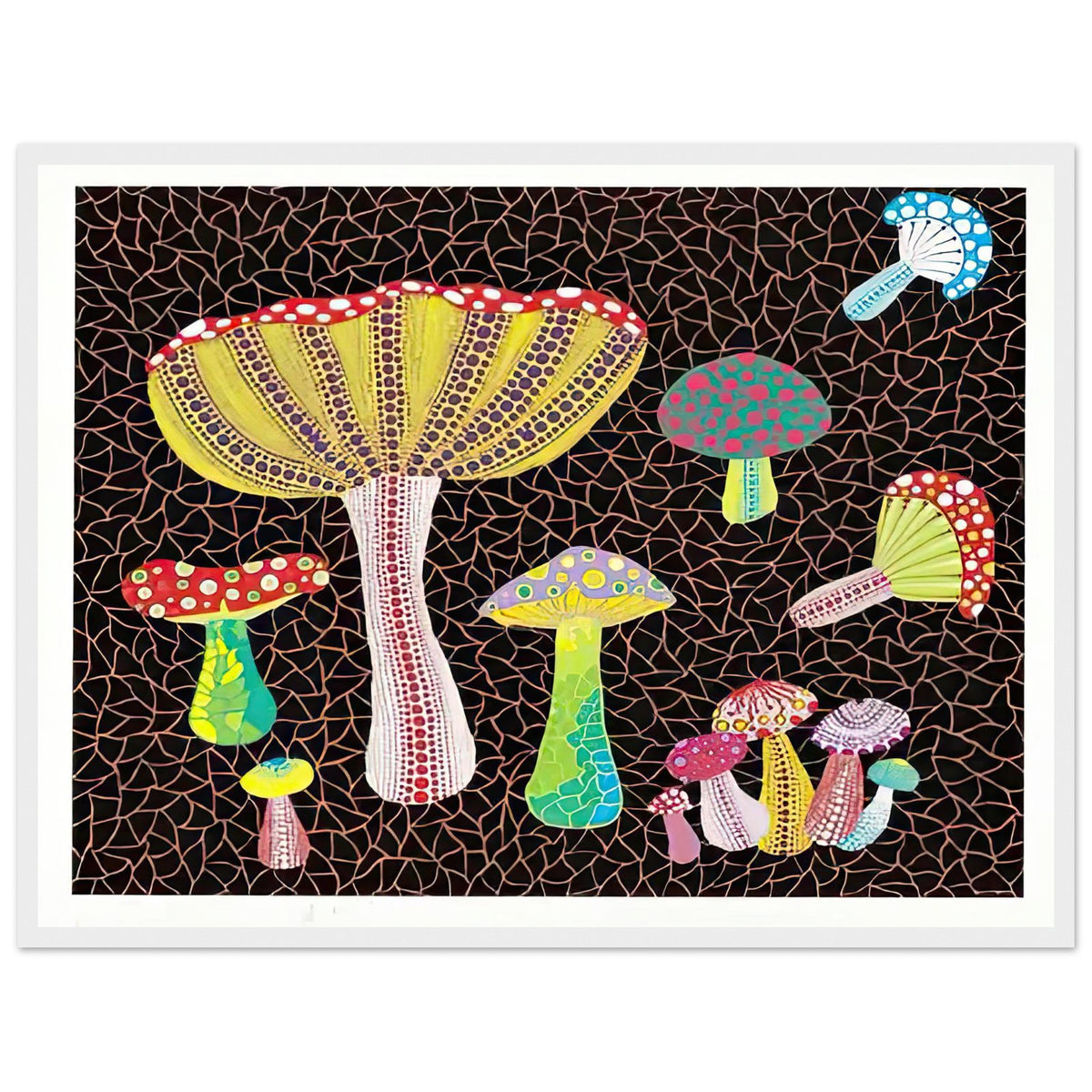 Yayoi Kusama framed print — Toadstools explores the eccentric shapes of woodland fungi, balancing rounded caps and slender supports, white frame, 45x60 cm / 18x24″