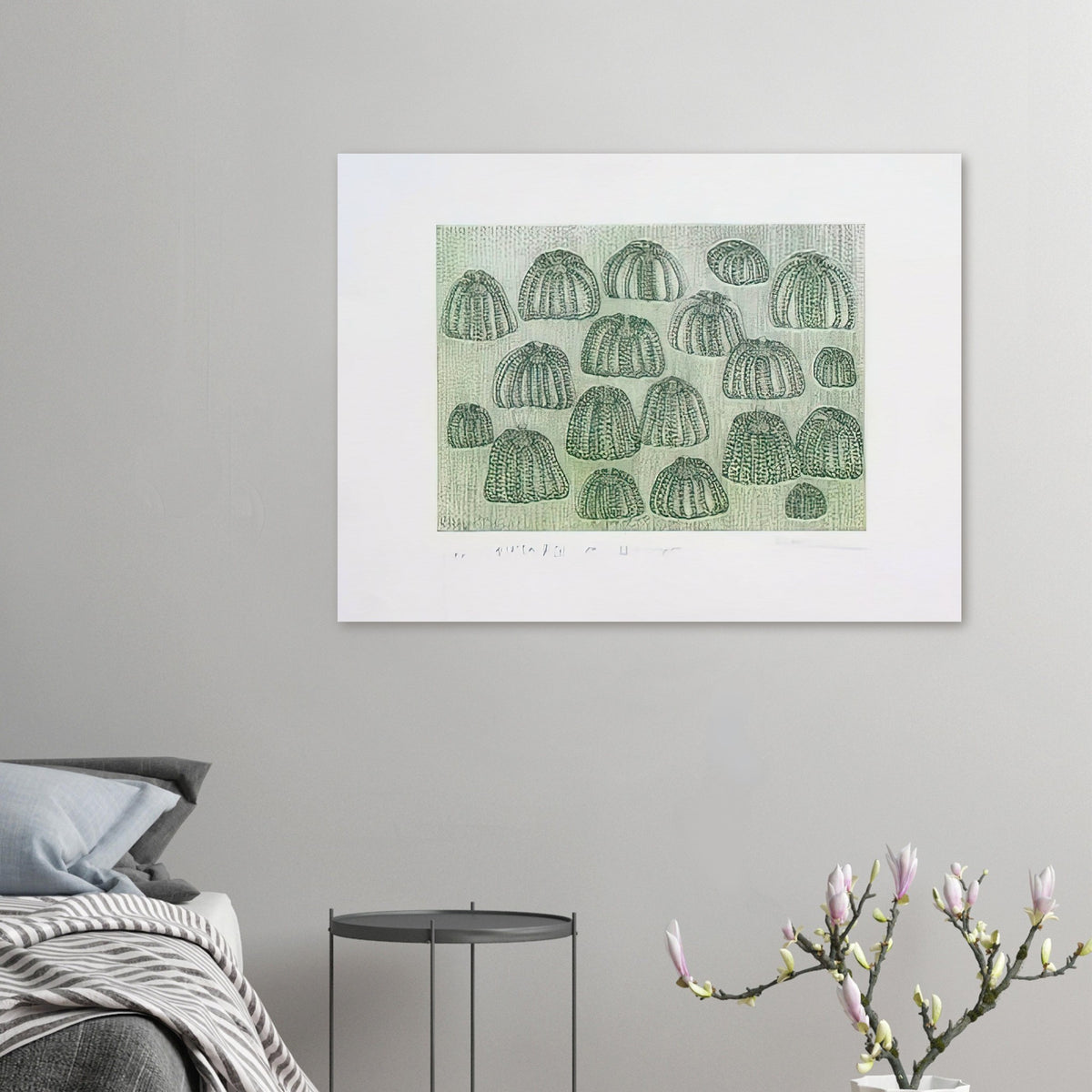 Yayoi Kusama poster — Pumpkin Army (green) turns a single familiar vegetable into a collective presence