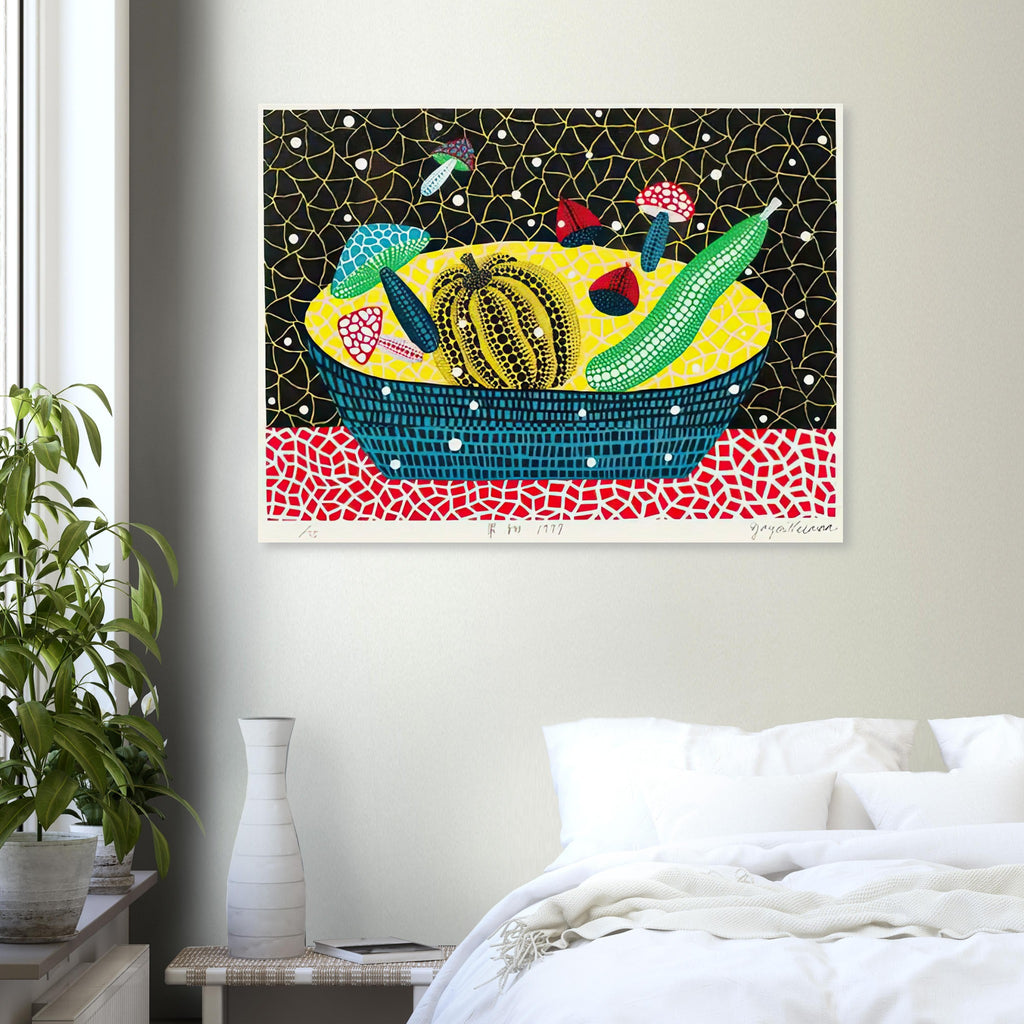 Yayoi Kusama poster — Fruits (2) turns an arrangement of fruit into a deliberately ornamental still life