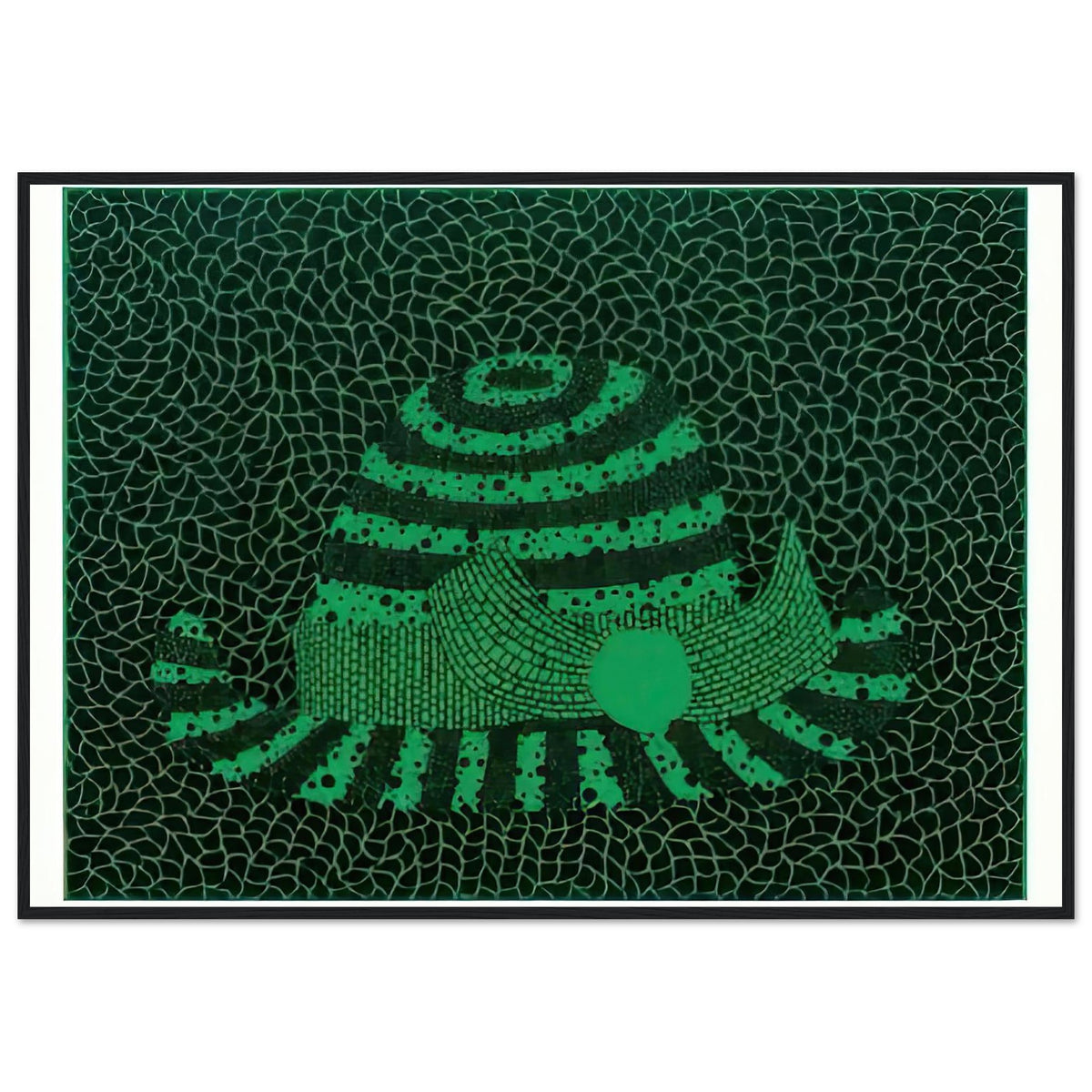Yayoi Kusama framed print — Hat (Green) presents a familiar accessory as an exercise in changing color and graphic character, black frame, 70x100 cm / 28x40″