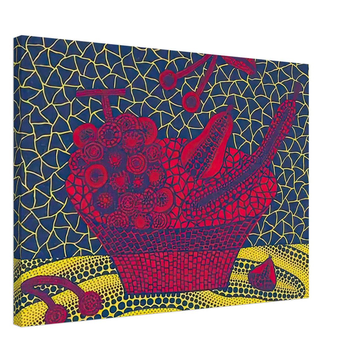 Yayoi Kusama canvas print — Fruit Basket (5) by Yayoi Kusama explores one of the artist’s recurring subjects: the abundance of ordinary fruit, 50x70 cm / 20x28″