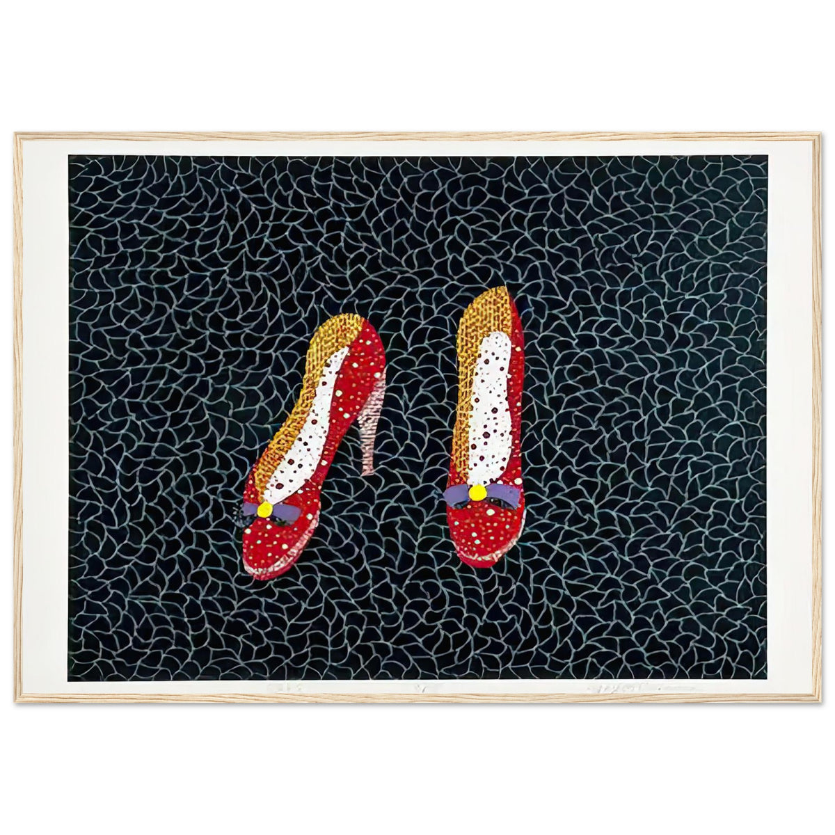 Yayoi Kusama framed print — Shoes (2) turns a footwear object into an image about shape, balance and individuality, wood frame, 70x100 cm / 28x40″