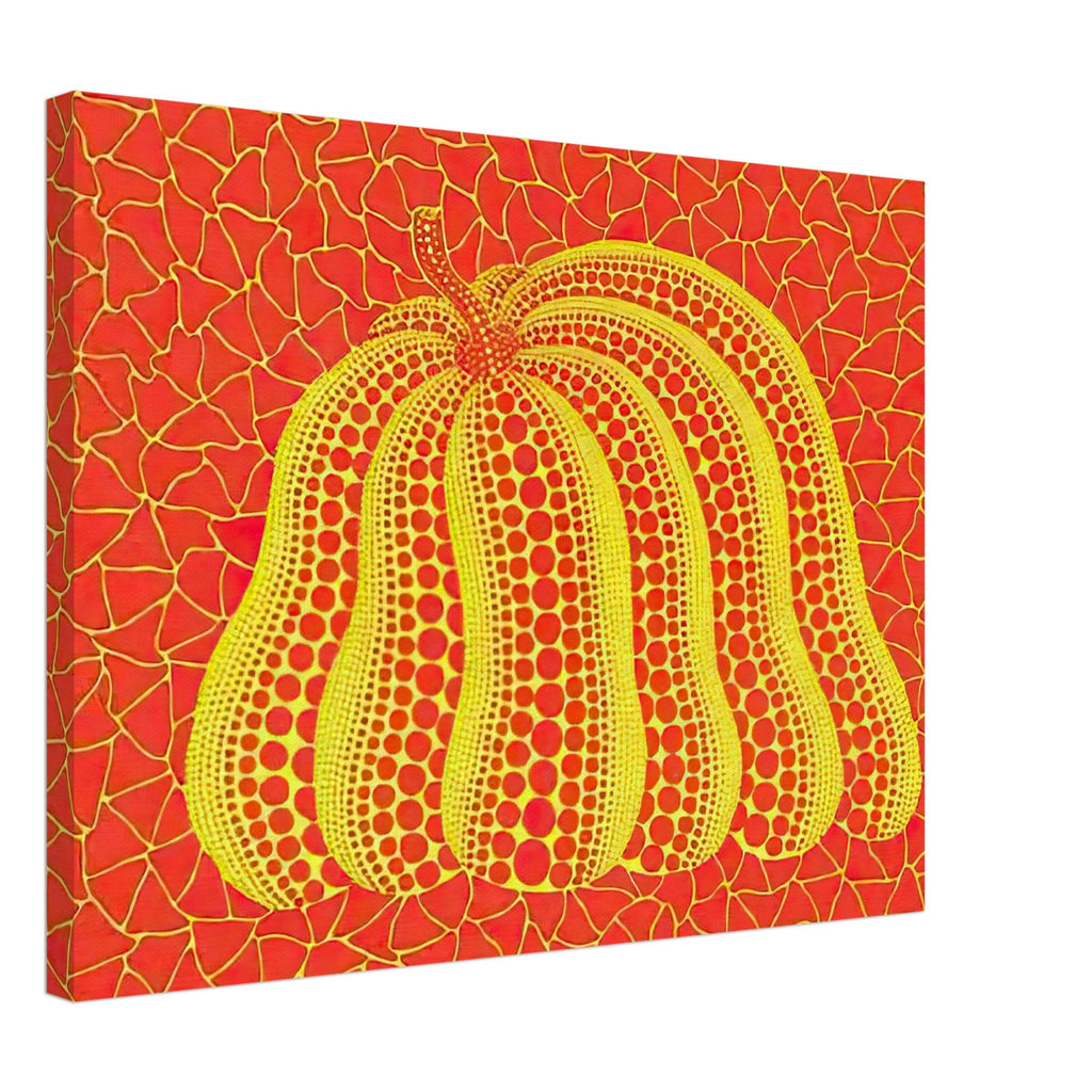 Yayoi Kusama canvas print — Pumpkin (YOR-A) [Kusama 326] revisits Kusama’s best-known vegetable through the relationship between its distinctive form and repeating ornament, 45x60 cm / 18x24″