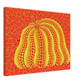 Yayoi Kusama canvas print — Pumpkin (YOR-A) [Kusama 326] revisits Kusama’s best-known vegetable through the relationship between its distinctive form and repeating ornament, 45x60 cm / 18x24″