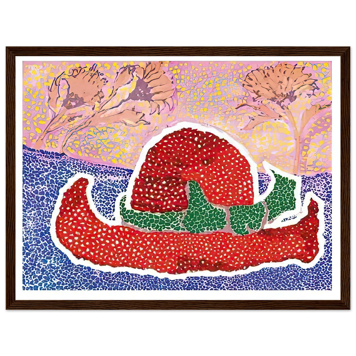 Yayoi Kusama framed print — Hat Left Behind in the Field turns an unattended accessory into a scene with an implied human presence, dark wood frame, 30x40 cm / 12x16″
