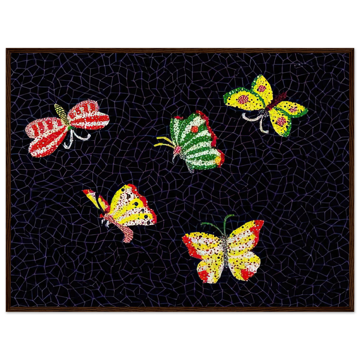 Yayoi Kusama framed print — Butterfly [Kusama 82] by Yayoi Kusama takes the lightness of a butterfly and gives it graphic intensity through pattern, dark wood frame, 60x80 cm / 24x32″