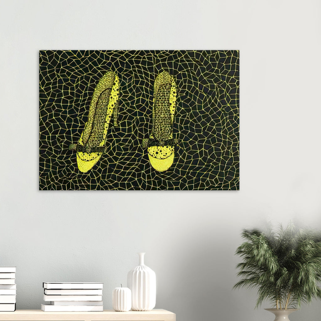 Yayoi Kusama canvas print — Shoes (3) turns a footwear object into an image about shape, balance and individuality