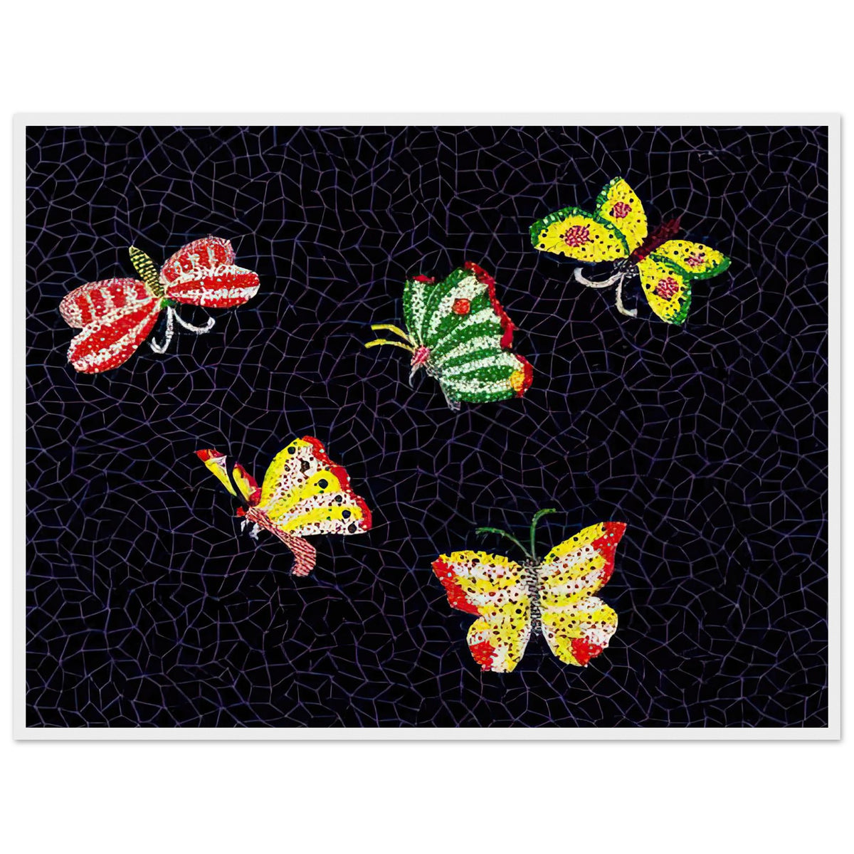 Yayoi Kusama framed print — Butterfly [Kusama 82] by Yayoi Kusama takes the lightness of a butterfly and gives it graphic intensity through pattern, white frame, 60x80 cm / 24x32″