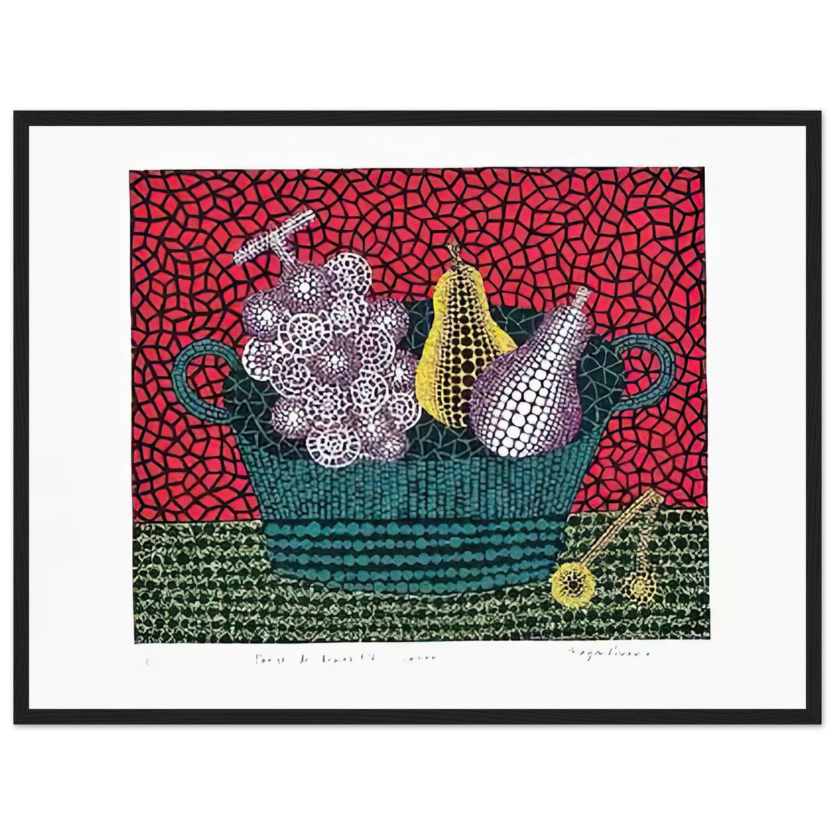 Yayoi Kusama framed print — Panier de Fruits I from Amour pour Toujours turns a basket of fruit into a lively decorative still life, black frame, 45x60 cm / 18x24″
