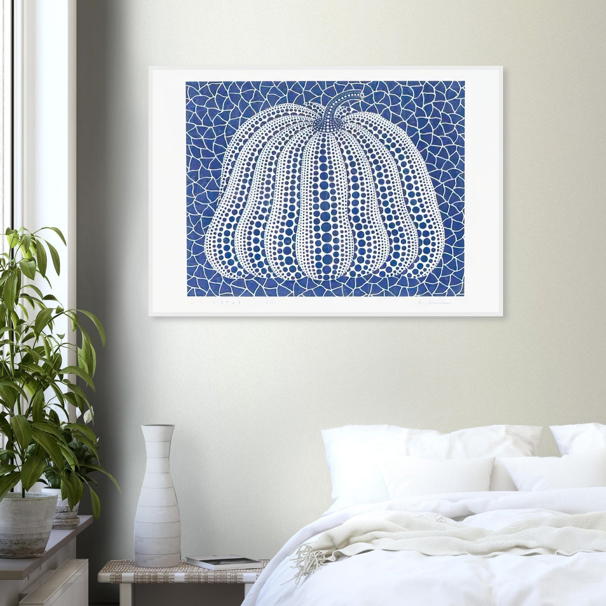 Yayoi Kusama framed print — Pumpkin (Blue, Version 2) presents Kusama’s familiar pumpkin through an explicitly blue variation