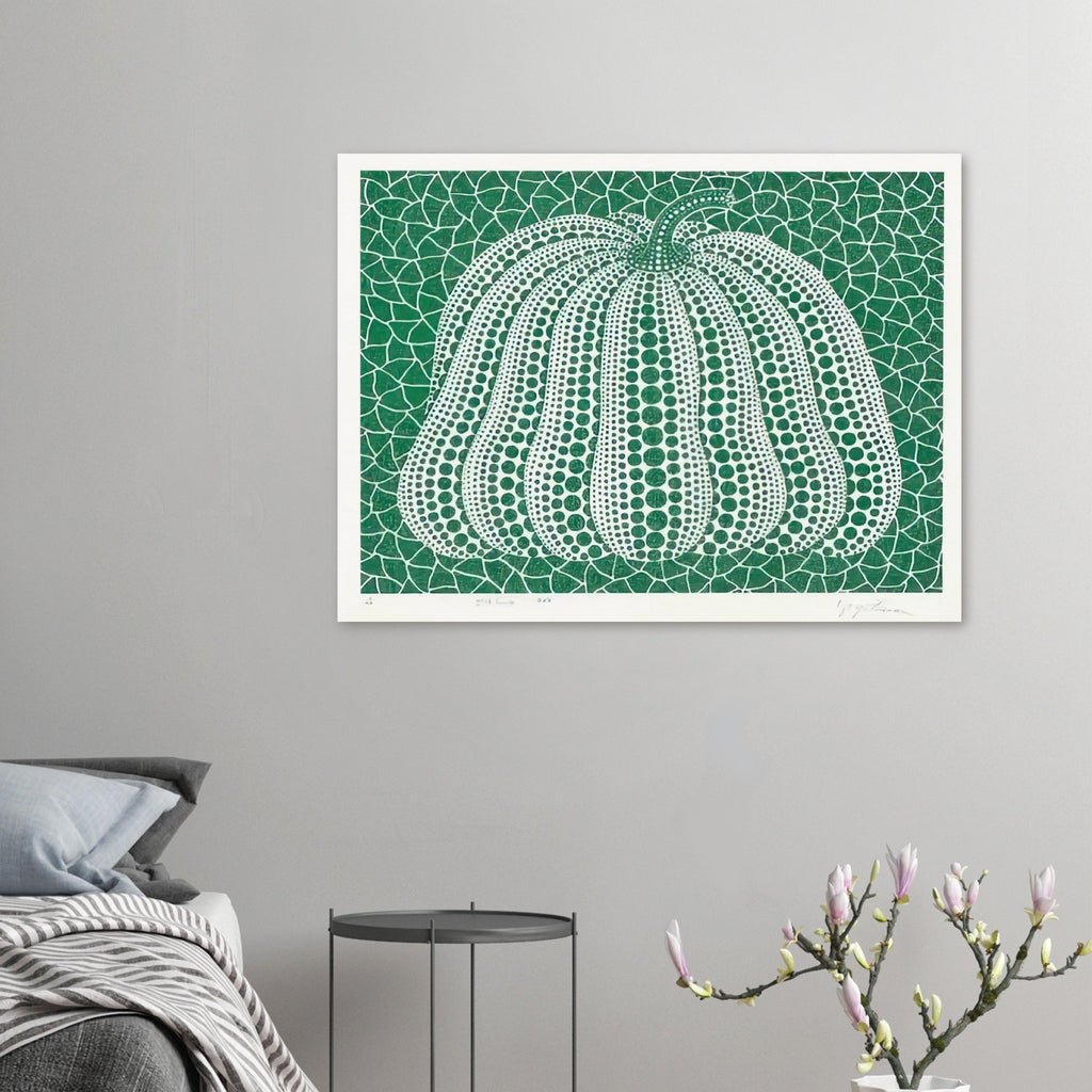 Yayoi Kusama poster — Pumpkin Green presents Kusama’s familiar pumpkin through an explicitly green variation