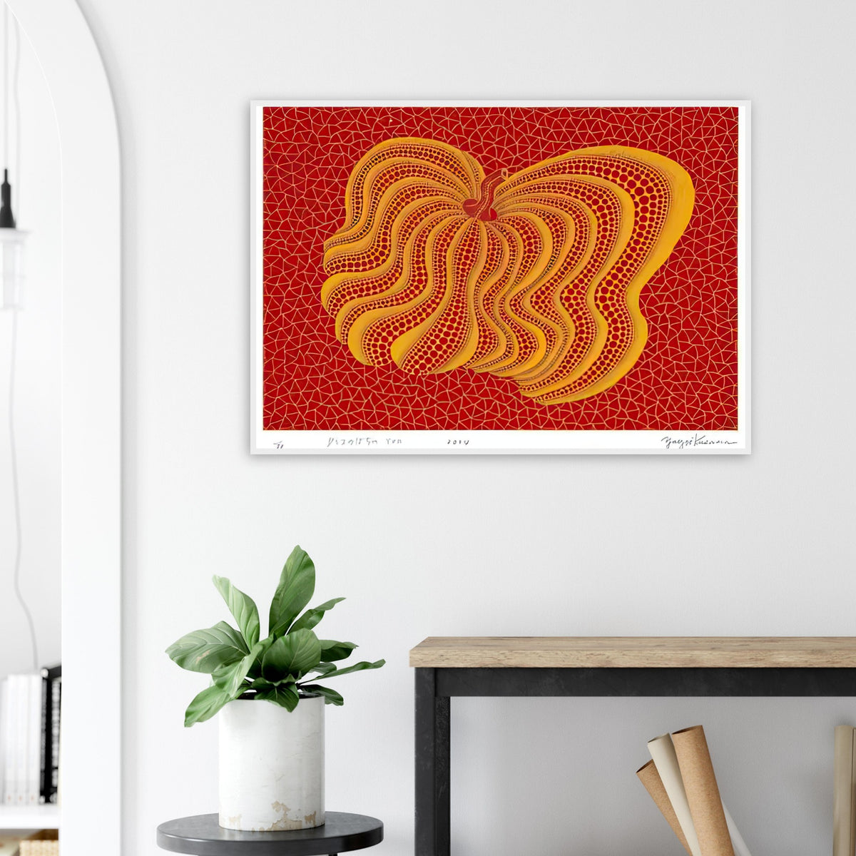Yayoi Kusama framed print — Dancing Pumpkin (YOR) [Kusama 321] presents the gourd as a figure in motion
