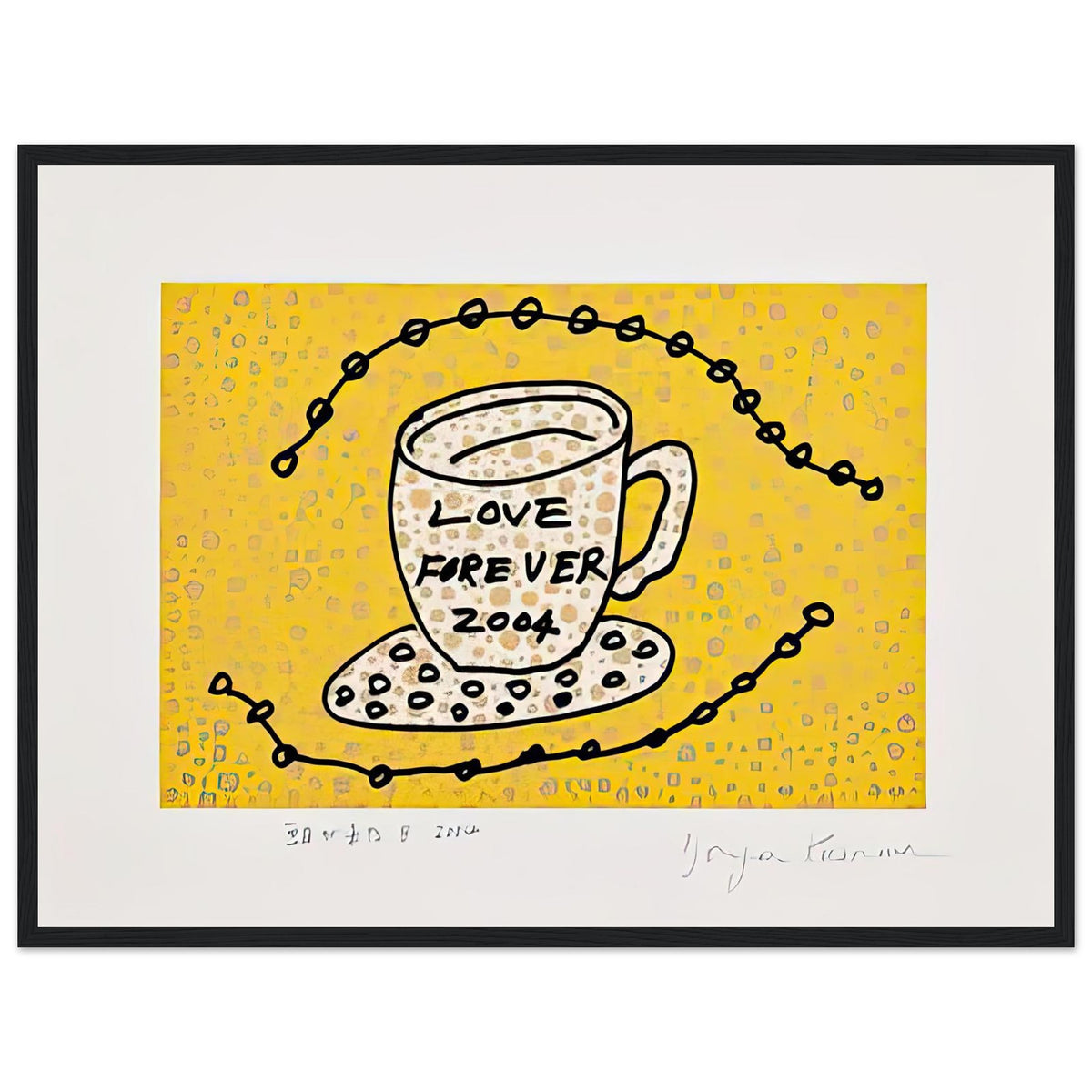 Yayoi Kusama framed print — Morning Is Here (B) joins a series of compact 2004 prints in which the beginning of the day becomes a subject for personal symbols and tightly controlled graphic, black frame, 45x60 cm / 18x24″