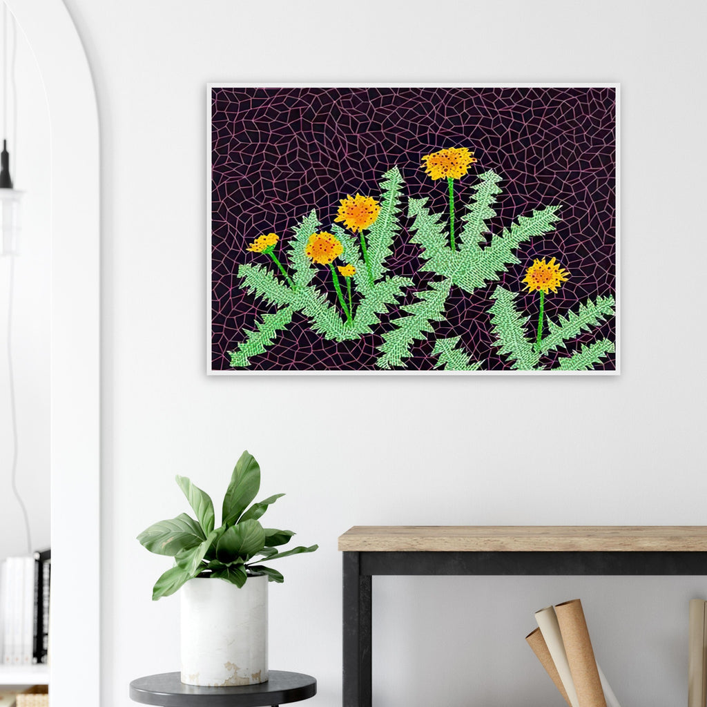 Yayoi Kusama framed print — Dandelions [Kusama 85] approaches a common meadow flower as a subject worth close observation
