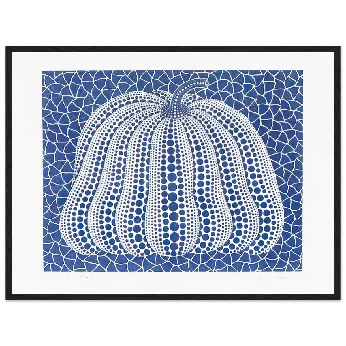 Yayoi Kusama framed print — Pumpkin (Blue, Version 2) presents Kusama’s familiar pumpkin through an explicitly blue variation, black frame, 45x60 cm / 18x24″