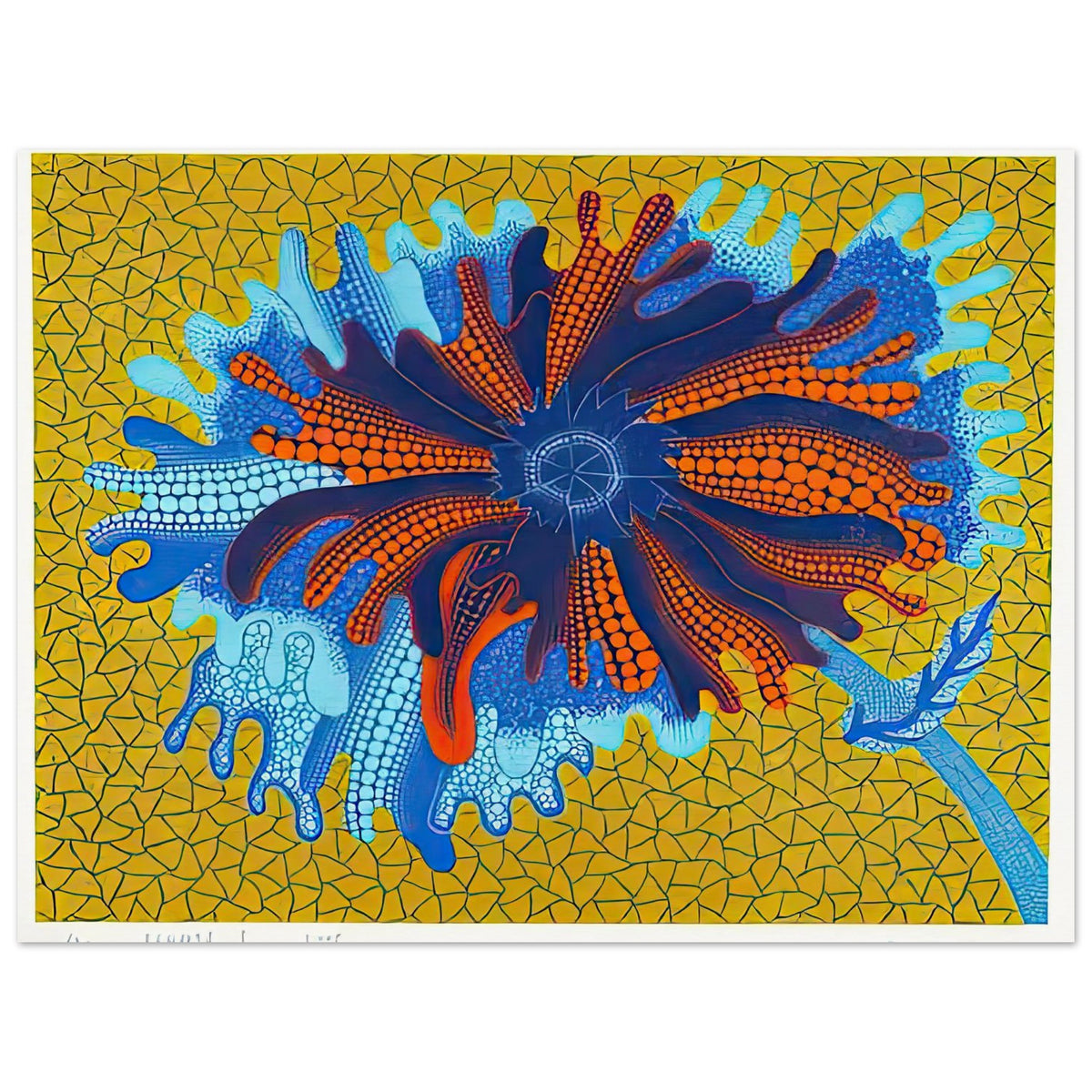Yayoi Kusama poster — Flower (B) treats a single flowering motif as a complete visual world, 15x20 cm / 6x8″