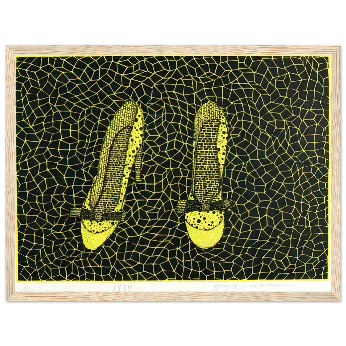 Yayoi Kusama framed print — Shoes (3) turns a footwear object into an image about shape, balance and individuality, wood frame, 30x40 cm / 12x16″