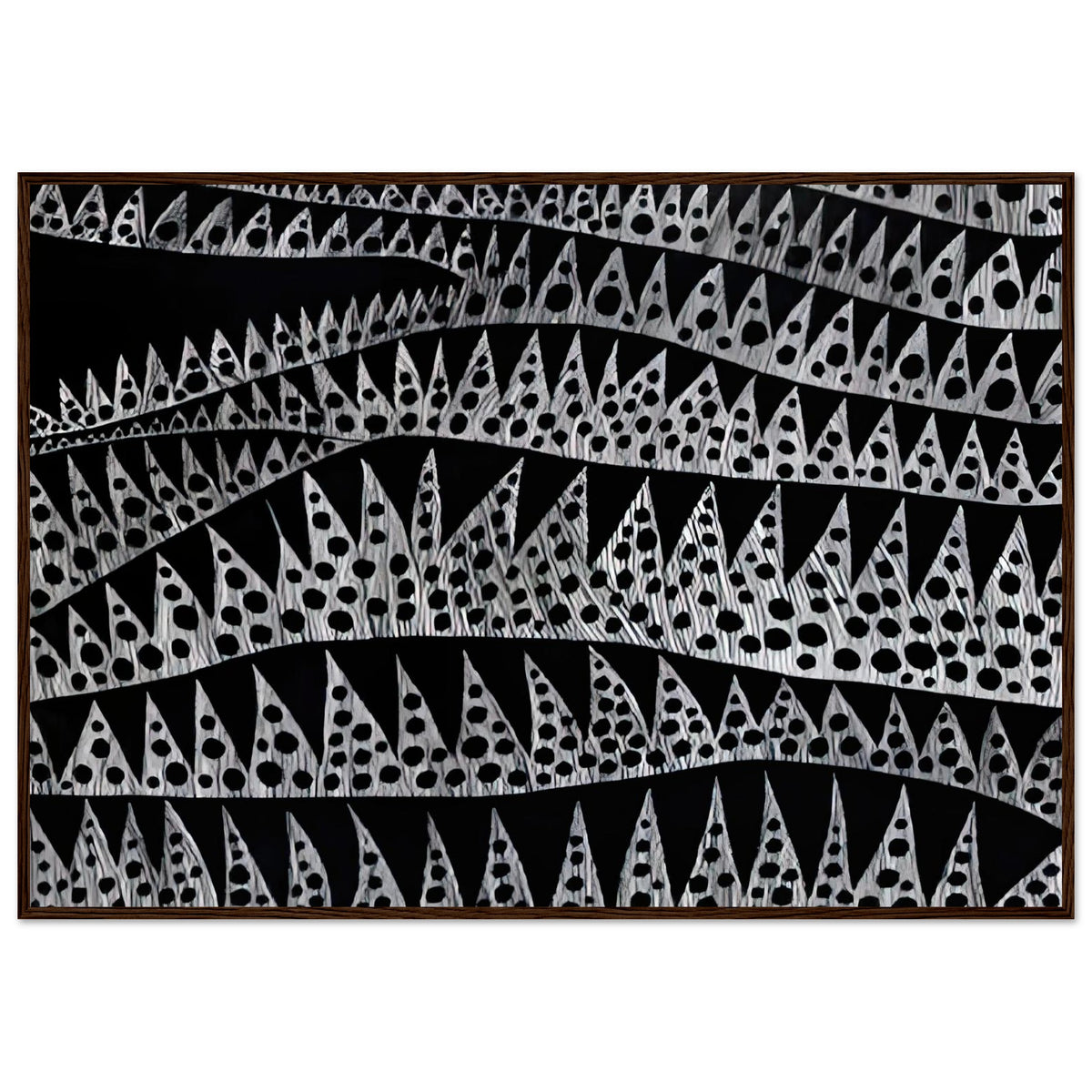 Yayoi Kusama framed print — Waves (TWXZO) approaches the motion of water as a patterned, repeating event, dark wood frame, 70x100 cm / 28x40″