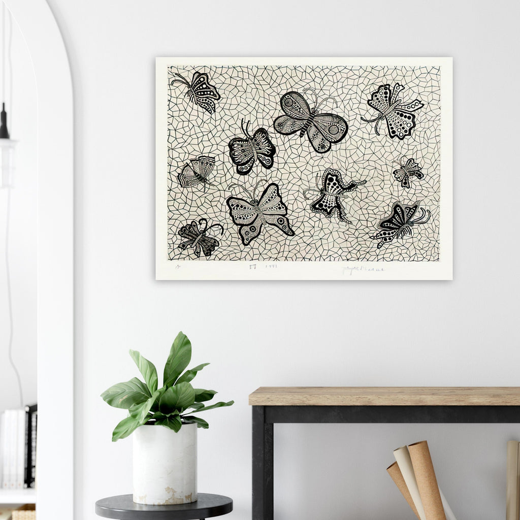 Yayoi Kusama poster — Butterflies draws on the delicate symmetry and movement of a familiar insect, a recurring subject in Kusama’s printmaking